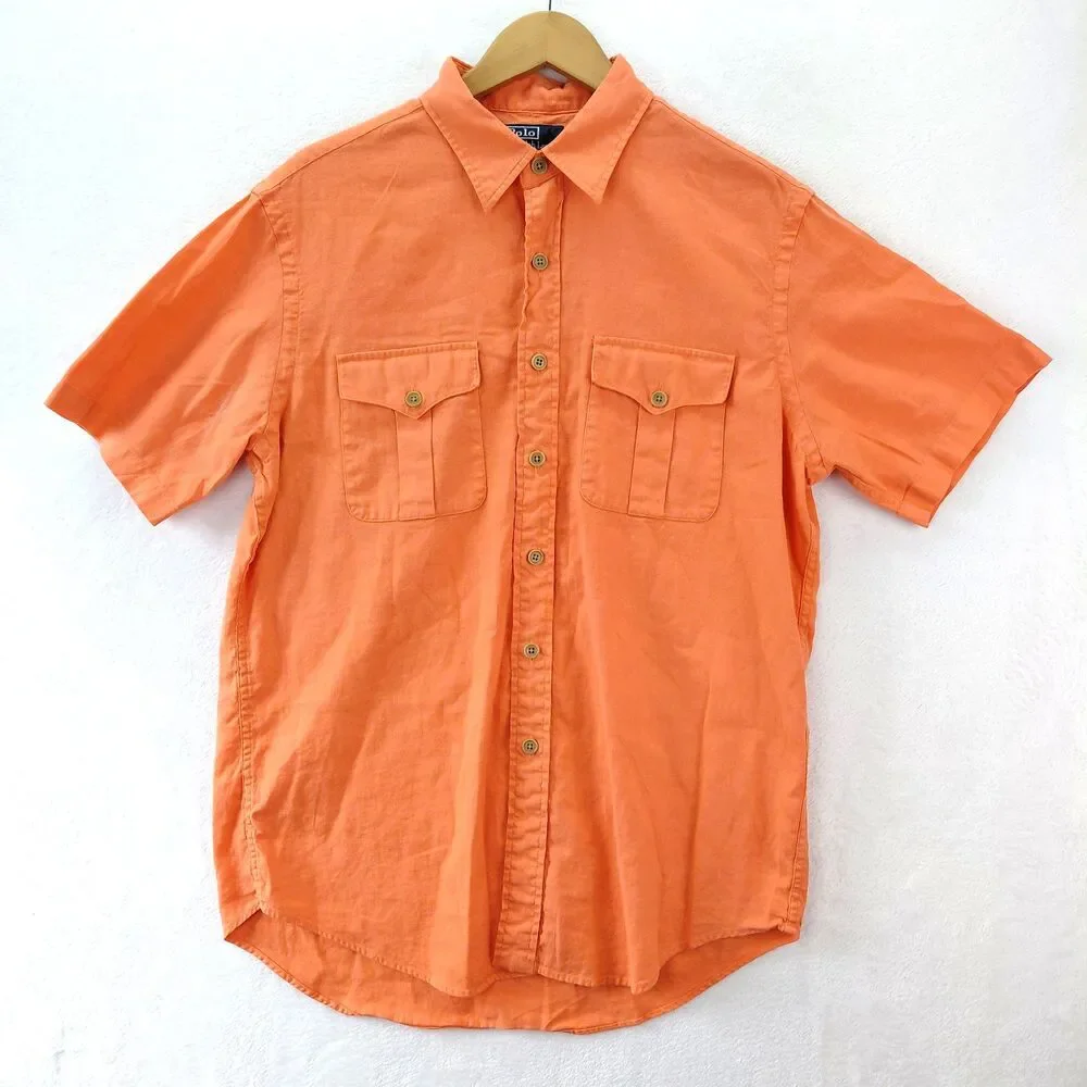 Polo Ralph Lauren Linen Blend Shirt Mens Large SS Orange Button Up Classic Fit